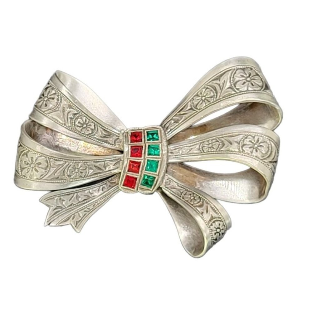 Antique Ornate Ribbon Bow Sliver Stamp CPD Red & Green Rhinestone Brooch Pin